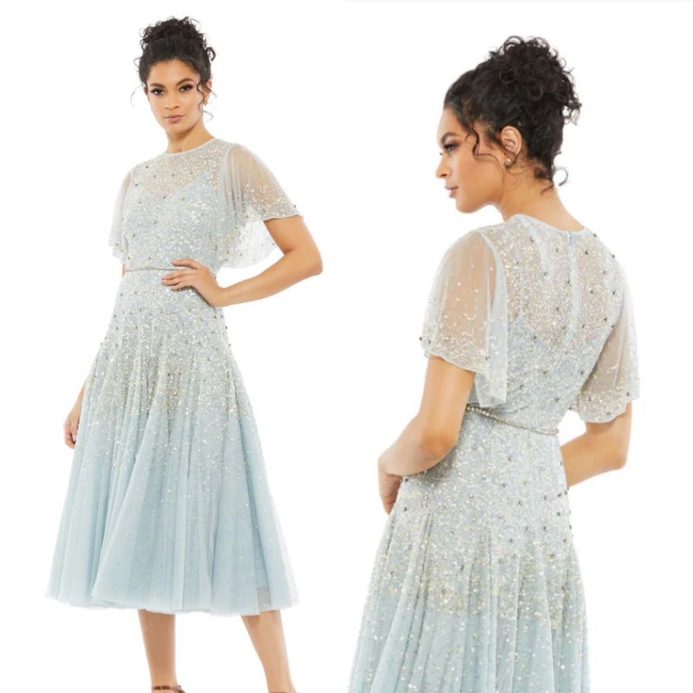 Mac Duggal #93655 Cape Sleeve Beaded Tea Length Dress blue Sz 4 NWT $598